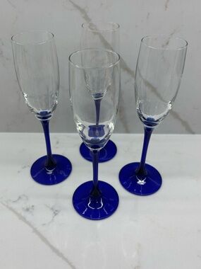 4 Vintage Luminarc France Cobalt Blue Stem Glass Champagne Flutes Glasses